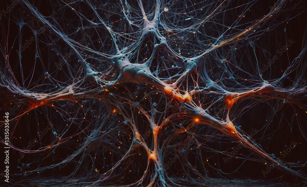 Fototapete Black and orange image of a tangled web of wires. The image is abstract and has a mood of chaos and confusion