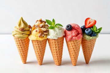 Ice cream cups on a light background. The golden-brown cone features a detailed grid pattern of rai