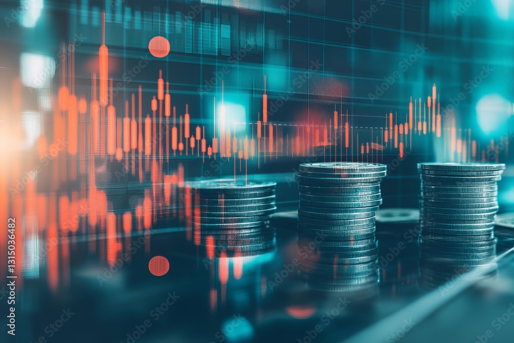 Poster a stack of coins is shown on a table with a graph in the background