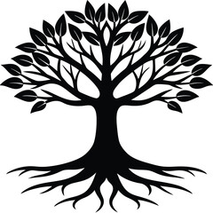 Vector silhouette of a tree with leaves and branches in nature