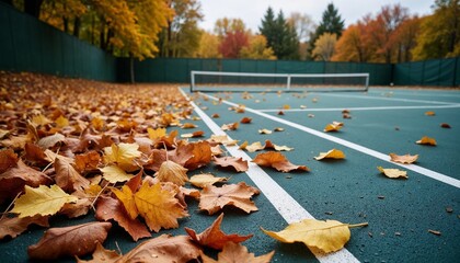 Tennis court covered with colorful autumn leaves in a serene park setting