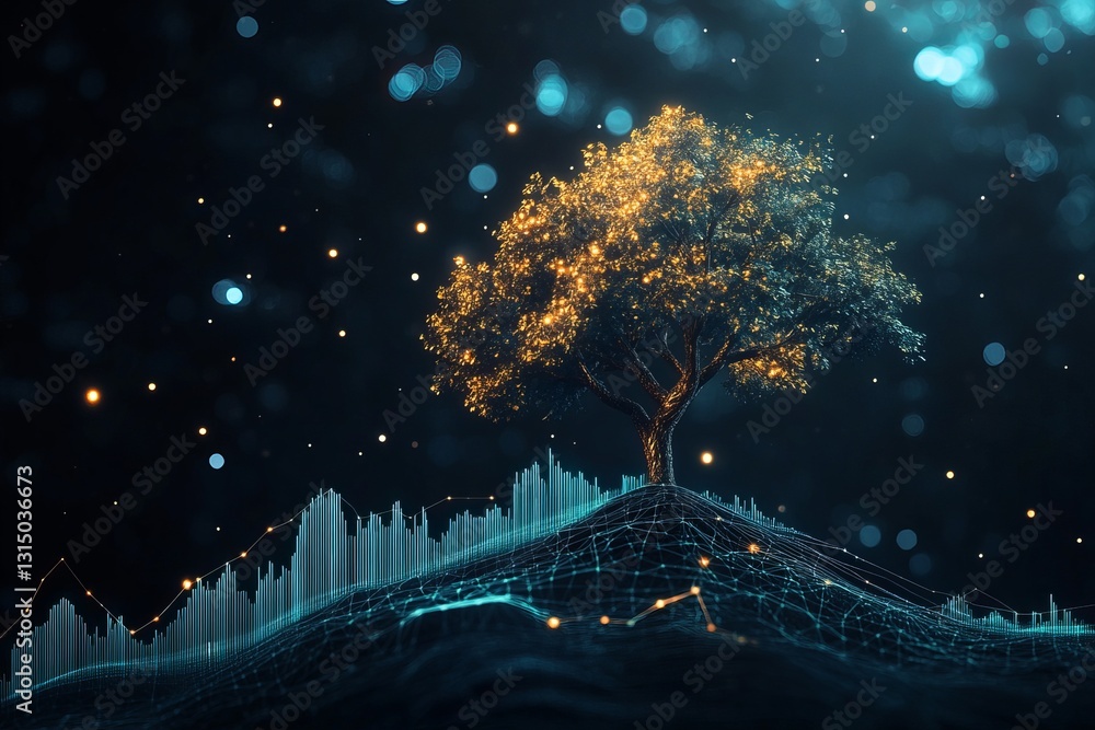 Poster a tree is shown in a dark sky with a bright orange trunk. the tree is surrounded by a network of lin