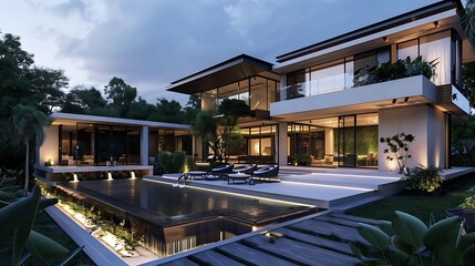 Obraz premium Luxury Modern House at Dusk: Glass Windows, Swimming Pool, and Landscaping, Creating a Tranquil and Wealthy Oasis in Evening's Soft Light..