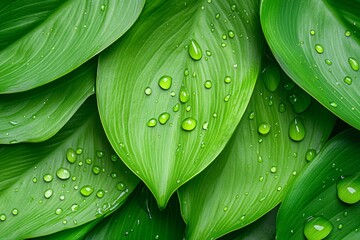Obraz premium Abundant Dewdrops on Lush Green Leaves and Delicate Petals – Glistening Morning Nature Photography with Vibrant Botanical Beauty