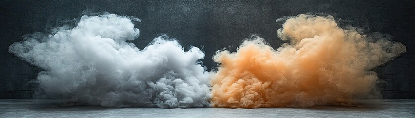 Obraz premium Grey and orange smoke clouds collide on dark background; abstract art, design element