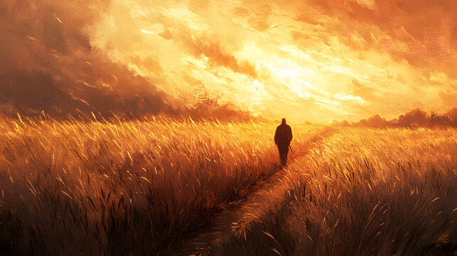 A farmer walking along a narrow path between tall golden wheat fields at sunset.