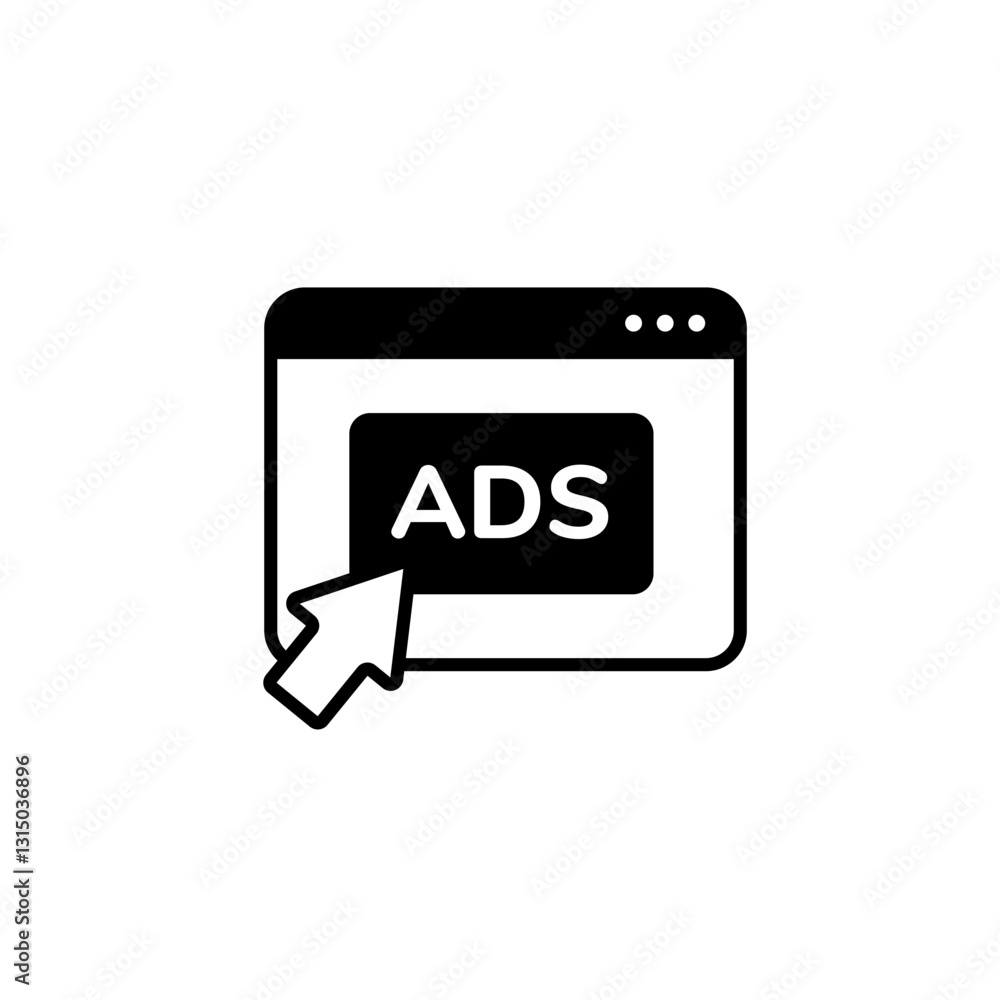 Poster black and white icon showing digital advertisement with speech bubble and computer screen elements.