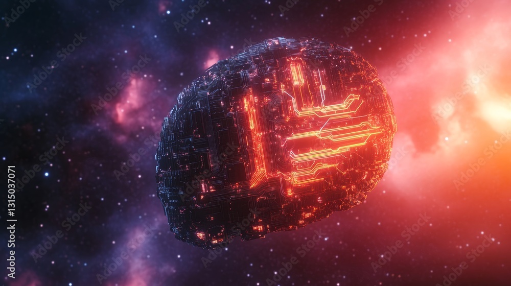 Poster a mesmerizing digital brain floats in cosmic space, featuring glowing neon elements and intricate ci