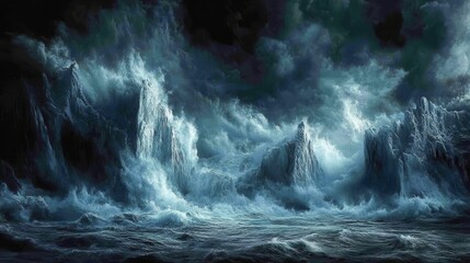 Fototapeta premium A dramatic seascape featuring dark stormy waves crashing against towering rocks, illuminated by a mysterious light in a turbulent sky.