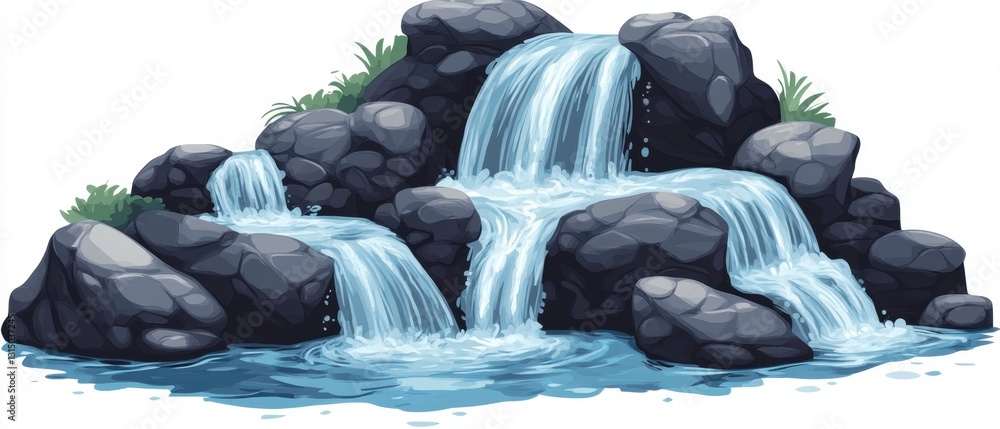 Poster serene waterfall cascading over smooth rocks in a tranquil scene with lush green plants creating a p