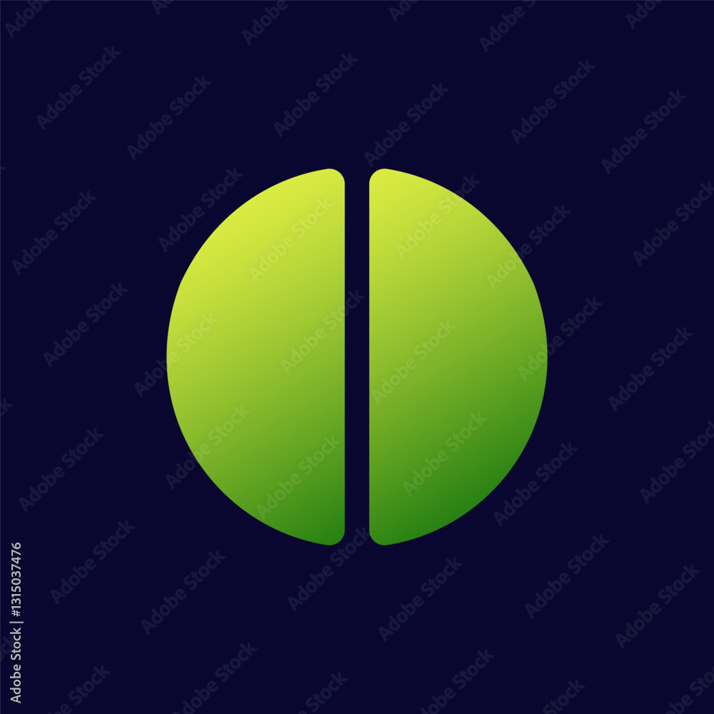 Aufkleber green circle icon split symmetrically with gradient tones, ideal for digital applications and logos.