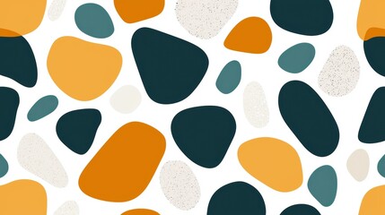 A vibrant abstract pattern featuring assorted colorful shapes in earthy tones against a white background.