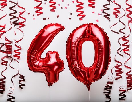 Red balloon number 40 for fortieth birthday or anniversary party. White background with confetti