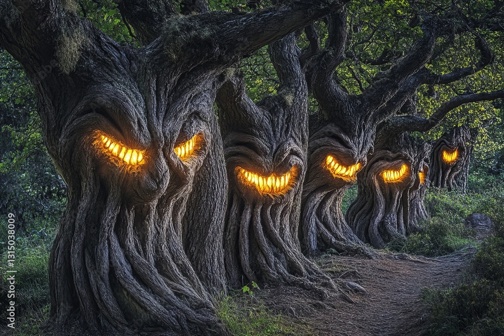 Poster a captivating scene featuring twisted trees with glowing eyes in an enchanted forest. the surreal at