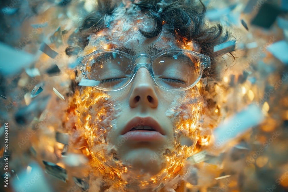 Poster surreal depiction of a youth with glowing fragments representing inner transformation in an abstract