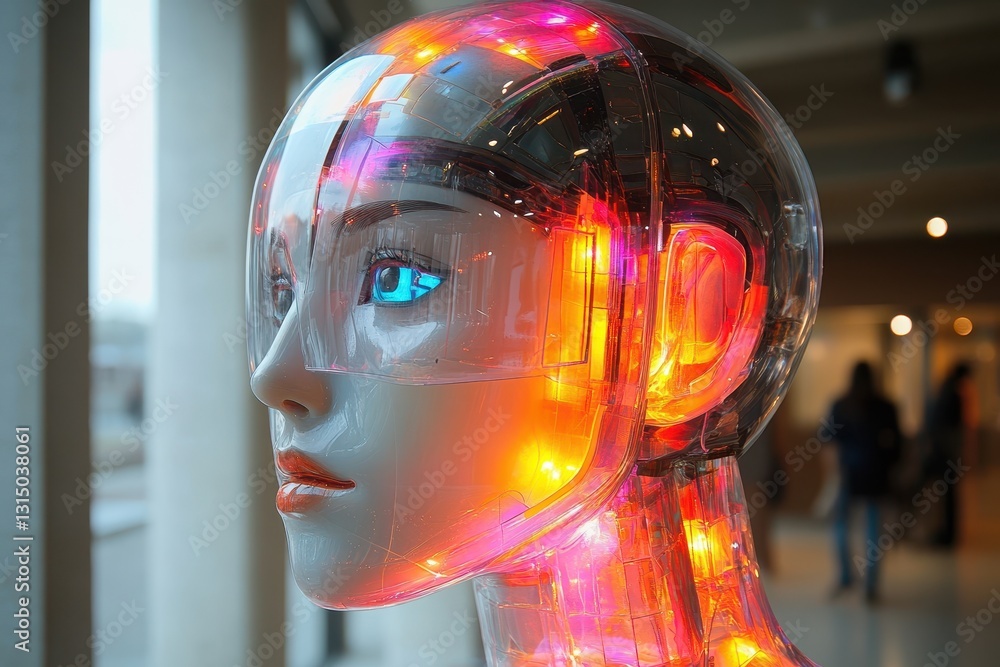 Poster robot mannequin with illuminated features displayed in modern exhibition space