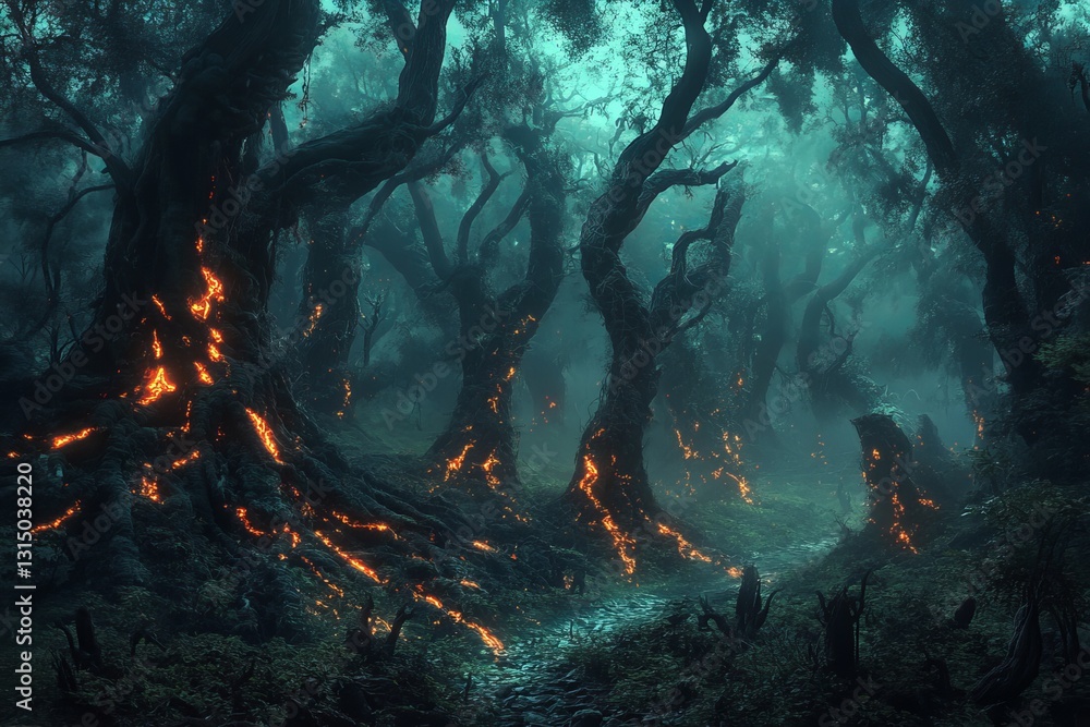 Poster experience a mesmerizing forest scene featuring glowing trees and mystical fog. the contrasting ligh