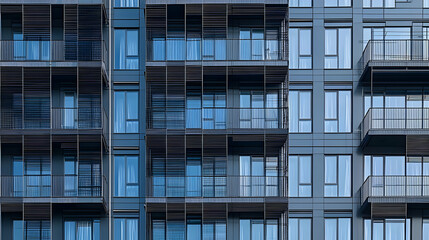 Obraz premium Modern Urban Apartment Building Facade With Blue And Gray Geometric Pattern Of Windows And Balconies In A Cityscape High-Rise Residential Architecture