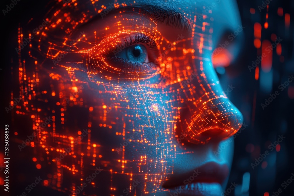 Poster digital abstraction of a female face with glowing red and blue data patterns representing technology