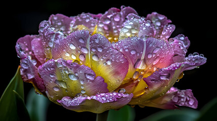 Dew-kissed purple-yellow tulip close-up, dark background; spring bloom, garden photography