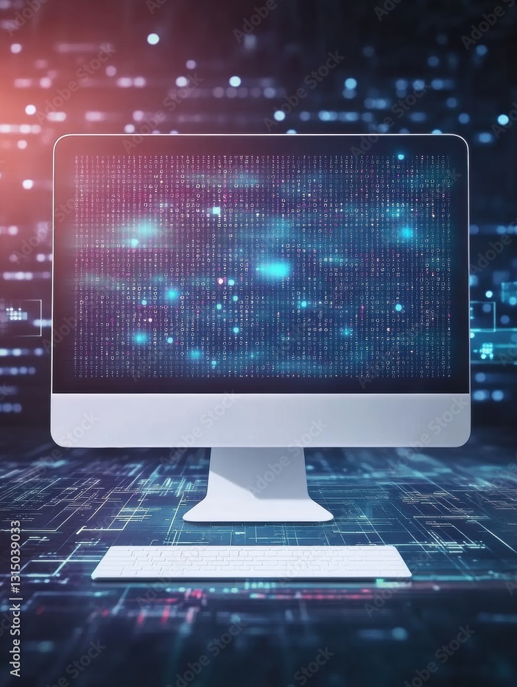 Poster Centered white computer icon on abstract digital background with numbers and codes representing modern technology and data processing concepts