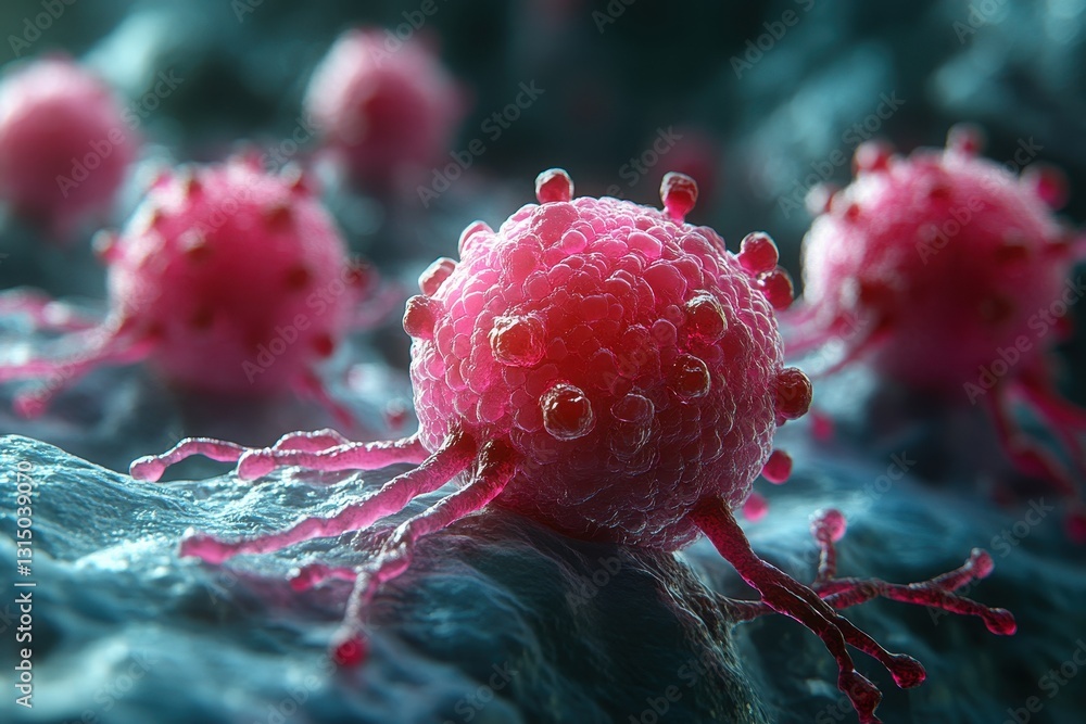Poster colorful close-up of cancer cells under a microscope showing intricate details of structure and surf