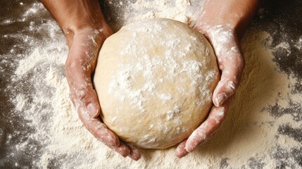 Close-up of hands holding a ball of dough dusted with flour, creating homemade bread