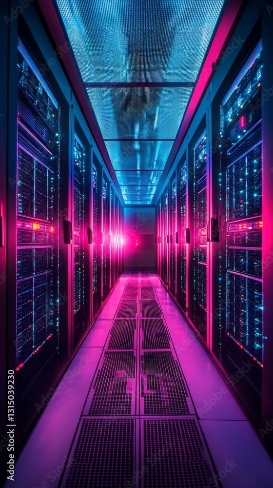 Poster explore a vibrant data center corridor featuring illuminated server racks, showcasing a modern it in