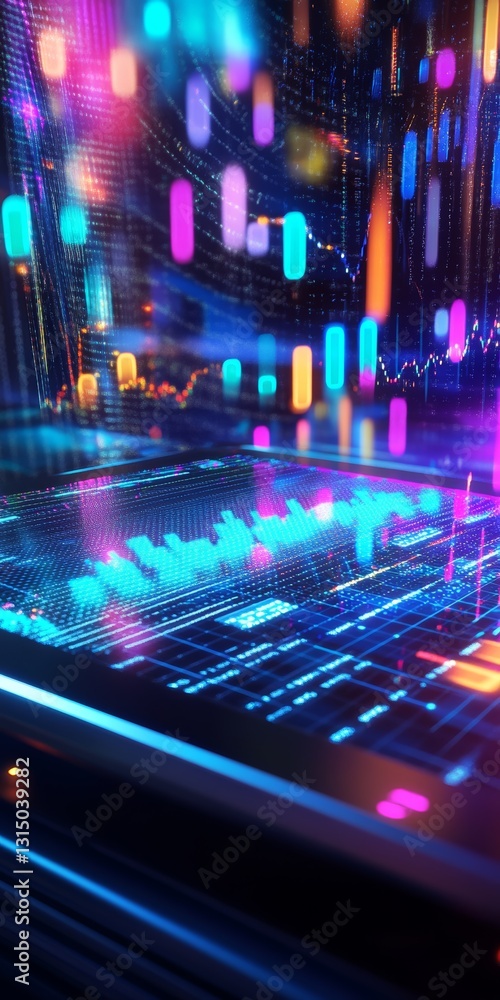 Poster immerse yourself in a vibrant scene of colorful abstract digital data visualization, showcasing neon