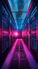 Fototapeta premium Explore a vibrant data center corridor featuring illuminated server racks, showcasing a modern IT infrastructure designed for efficient data management and connectivity.