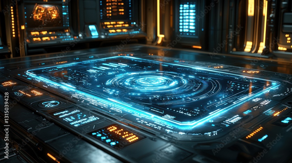 Poster futuristic control panel interface: sci-fi technology display