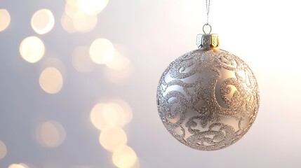Realistic close-up of a sparkling Christmas ornament with intricate patterns, hanging from a silver string, white background & soft glow