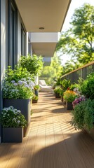 Serene Balcony Oasis with Lush Greenery and Sunlight Creating a Tranquil Outdoor Living Space for Relaxation