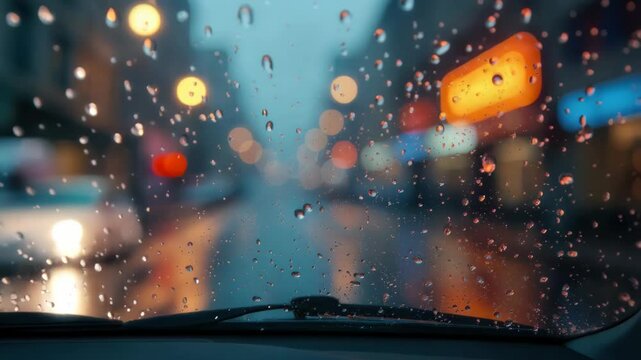 Blurry view through a rain-soaked windshield with colorful city lights in the background.