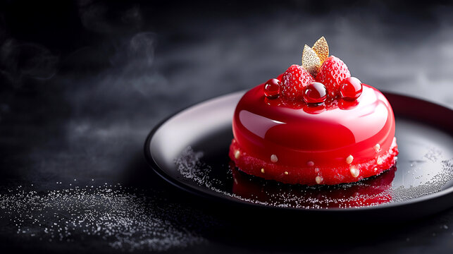 A close-up of a round red mousse cake topped with fresh strawberries and subtle sparkle, styled with gourmet elegance.