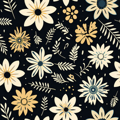 Black background floral pattern repeat seamless pattern in yellow and cream. 