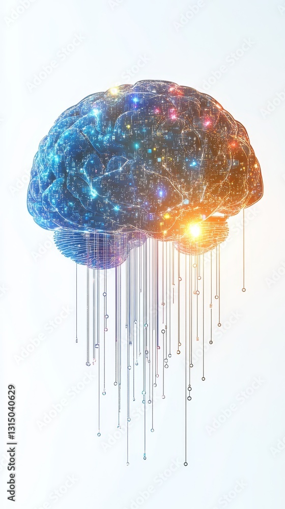 Poster colorful digital brain with data strings and cosmic elements