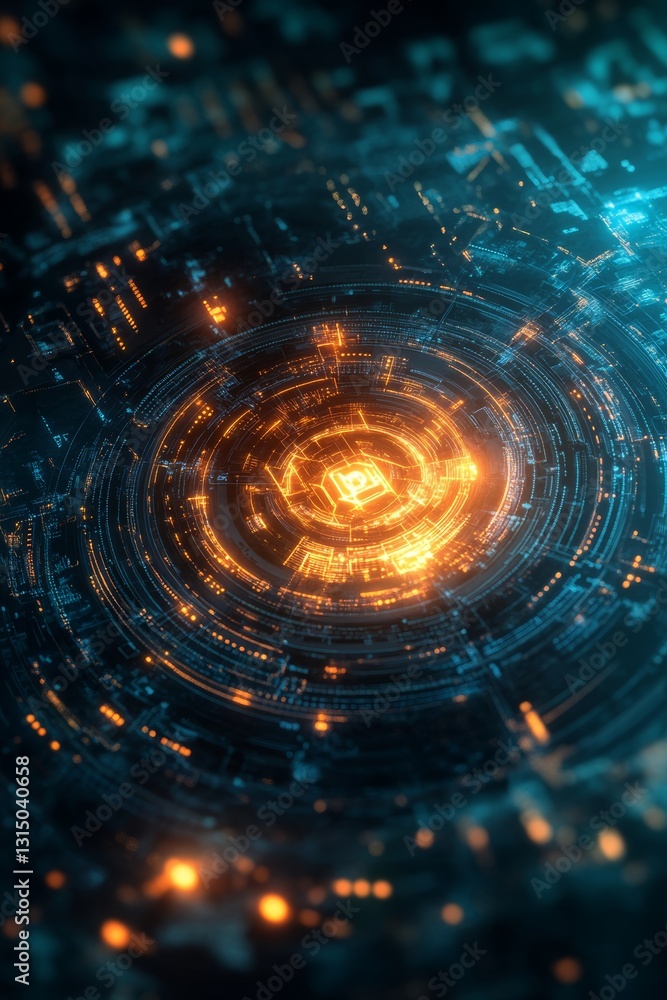 Poster this captivating digital artwork features a vibrant circular pattern with glowing lines and nodes, s