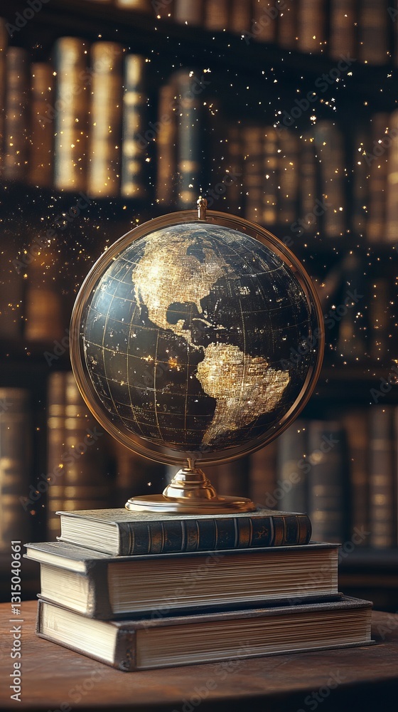 Poster a globe sits on top of a stack of books. the scene is set in a library, with shelves of books surrou