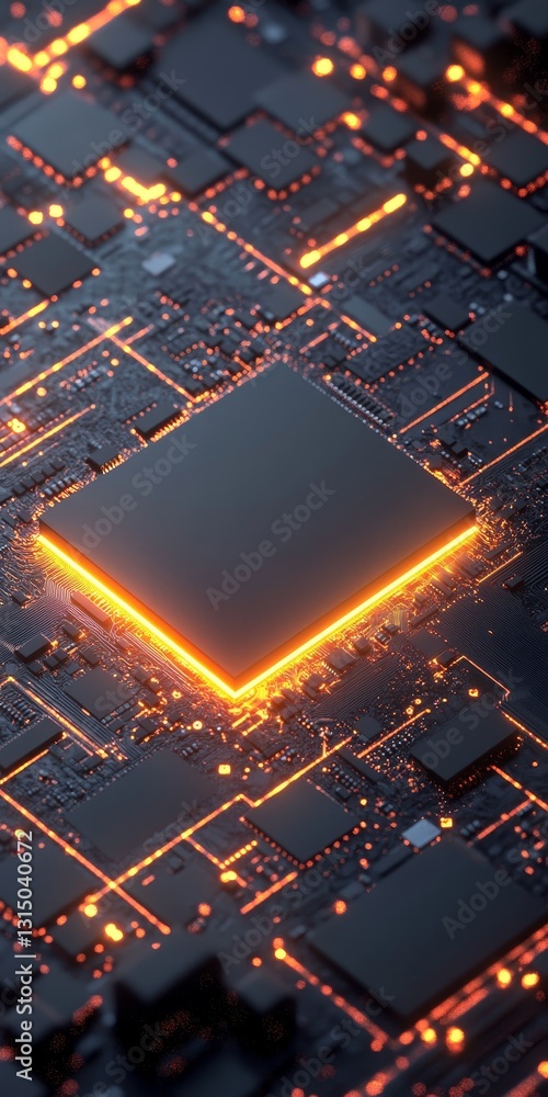Poster a close-up view of a futuristic circuit board featuring glowing elements that illuminate the intrica