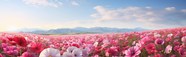 Fototapeta premium Panoramic of infinite pink, white, and magenta flowers with mountains in the background, a sunny day and blue sky.