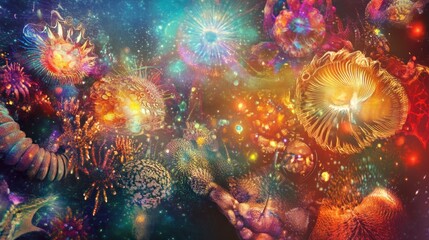 Obraz premium A surreal and vibrant depiction of microscopic life in a cosmic setting