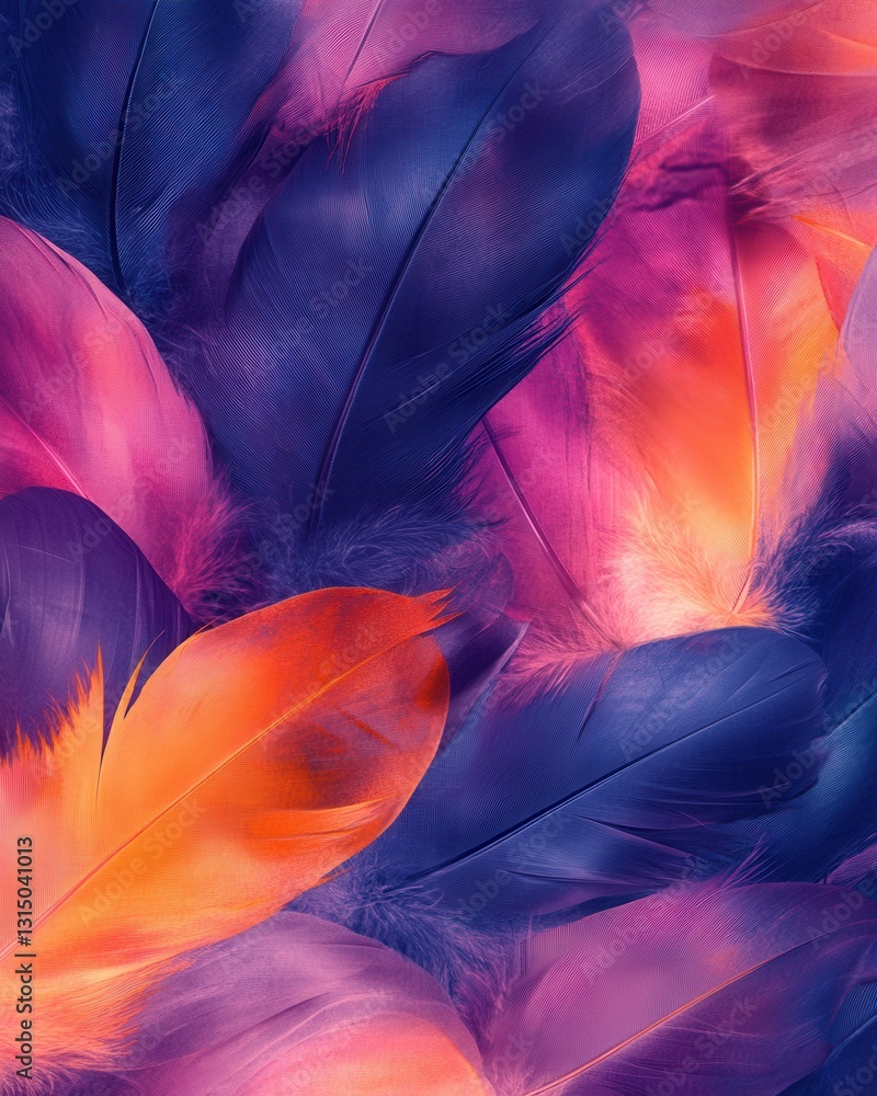Poster colorful feather arrangement in abstract style with vivid hues and soft texture for artistic backgro
