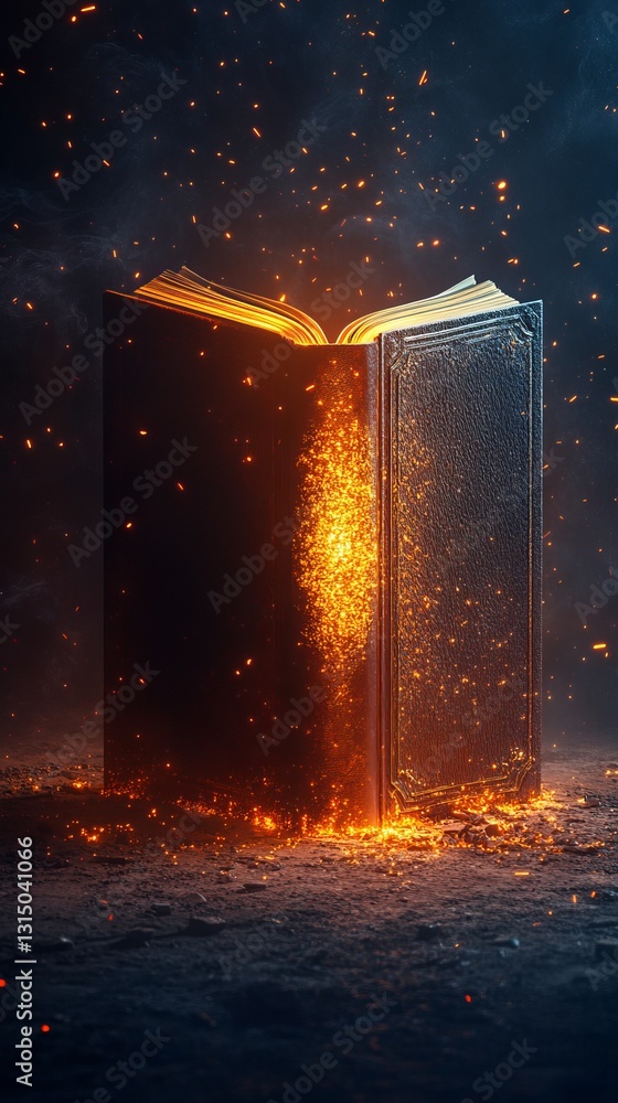 Poster a book is open to a page with a fire on it