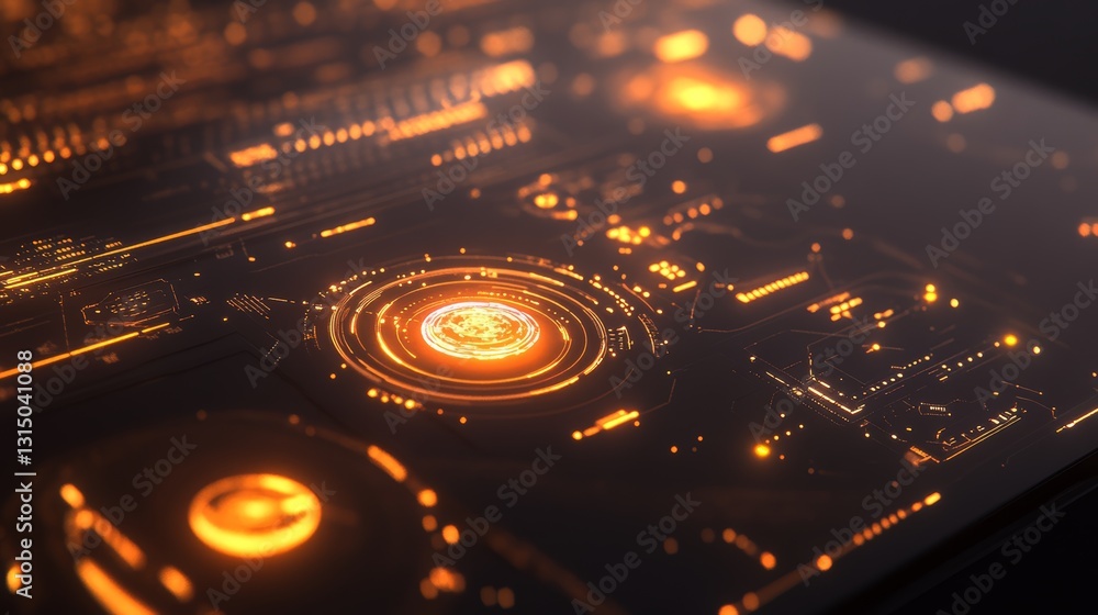 Poster this image showcases a futuristic technology interface featuring glowing orange elements with intric