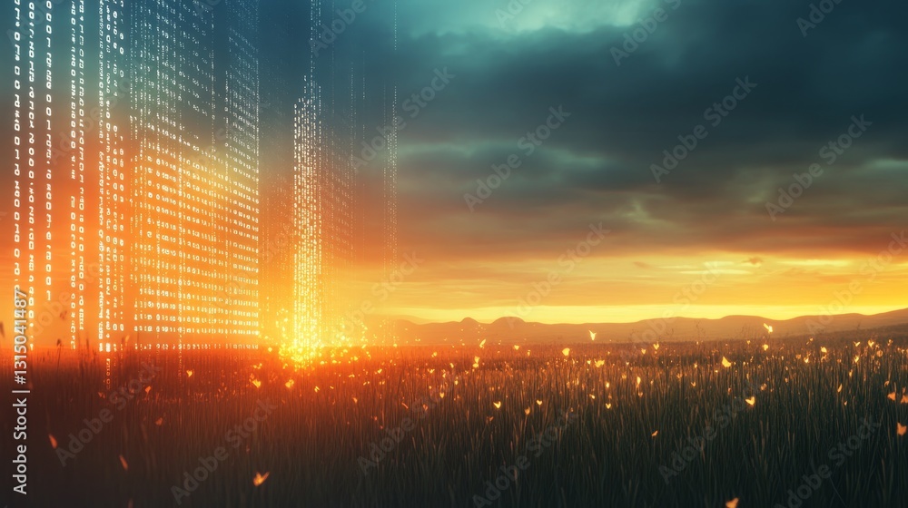 Poster a captivating scene blending nature with technology, showcasing a sunset over a field with digital c