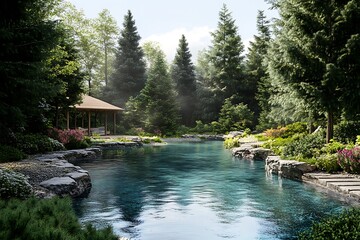 A serene landscape featuring a tranquil pond surrounded by lush greenery and colorful flowers.