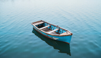 Naklejka premium Solitary wooden boat floating on calm water, tranquility and reflection
