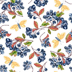 Black chokeberry on branches, autumn leaves and butterflies seamless watercolor pattern isolated. Botanical repeat print hand drawn for textiles, packaging, wrapping paper, and seasonal home decor