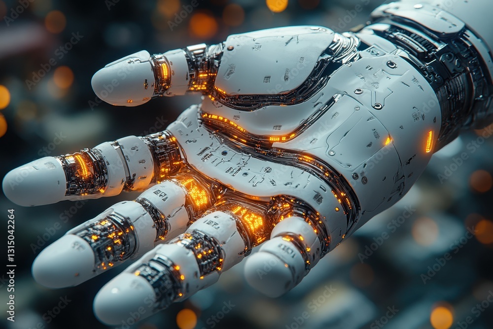 Poster futuristic robotic hand showcasing intricate circuitry and glowing elements in a high-tech environme